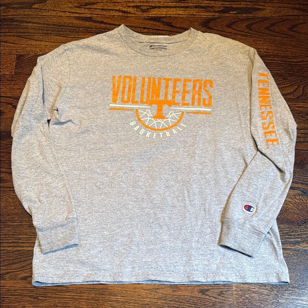 Champion Gray Long Sleeve with Orange Volunteers Print youth size large (10/12)